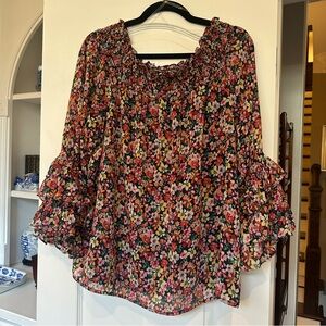 Floral smocked top, 3/4 double ruffle sleeve